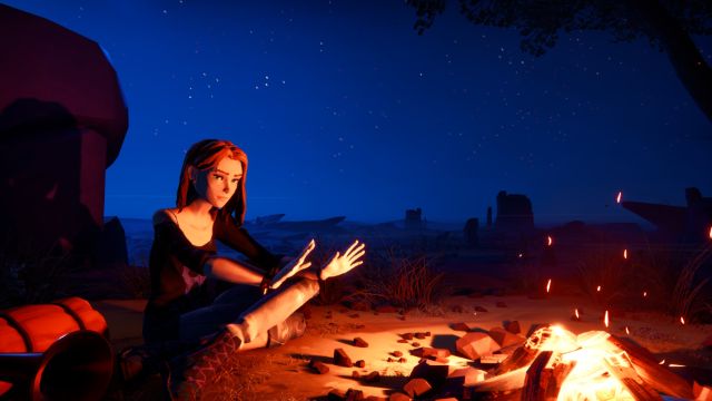 Eine cartoonfarbene Landschaft, links eine junge Frau welche sich an einem Lagerfeuer wärmt