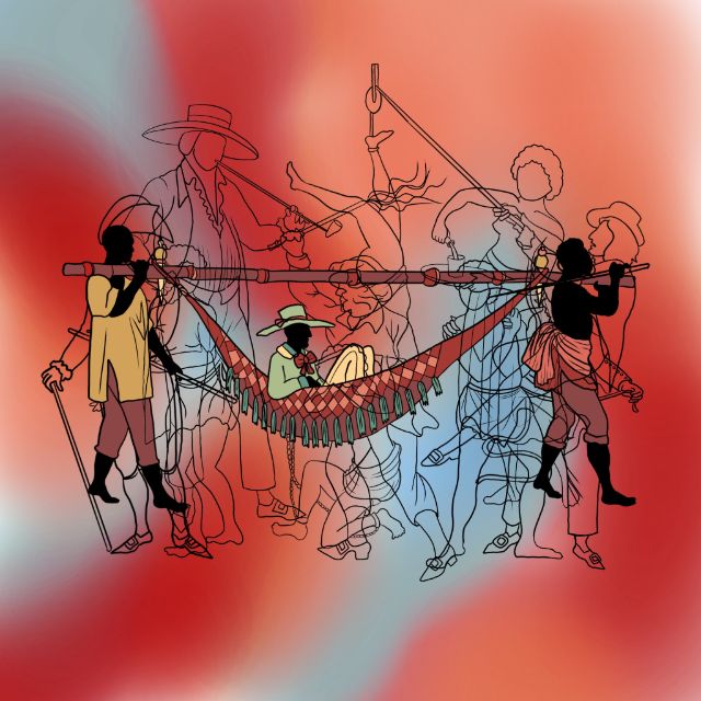 Eine Illustration zeigt zwei Figuren, die in einer Hängematte jemand Drittes tragen. Der Hintergrund ist rot mit blauen Mustern.