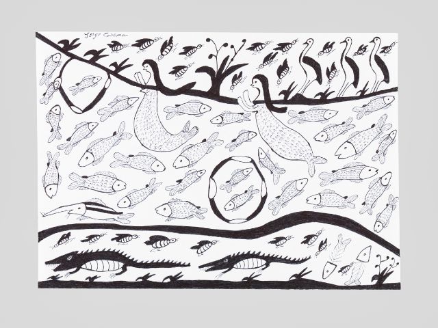 Eine schwarz/weisse Zeichnung mit unzähligen Fischen, Wasserfrauen, Landtieren und verschnörkelten Linien