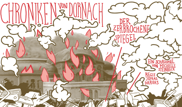 Ein Plakat mit dem Schriftzug Chroniken von Dornach. Goetheanum in Flammen und Rauch