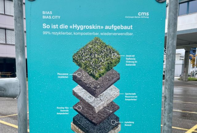 Ein türkis Schild informiert über den Aufbau von Hydroskin