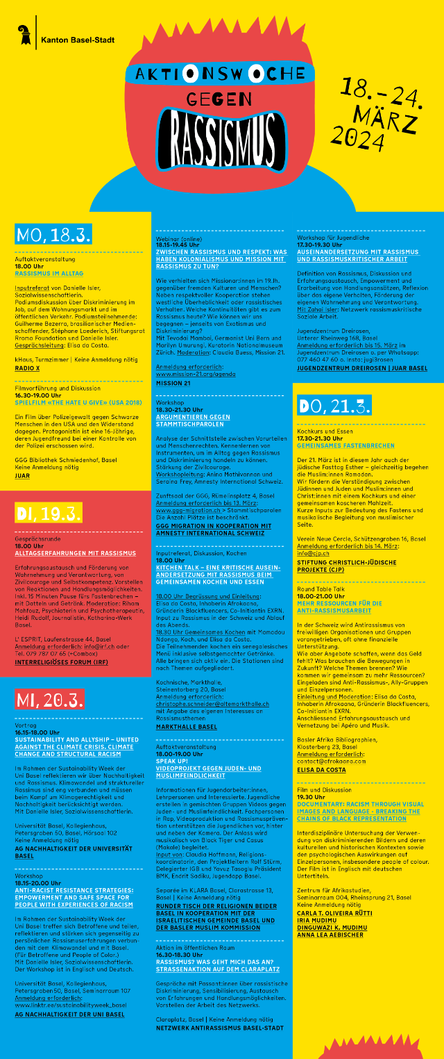 Programmkalender mit Auflistung der antirassistischen Projekten