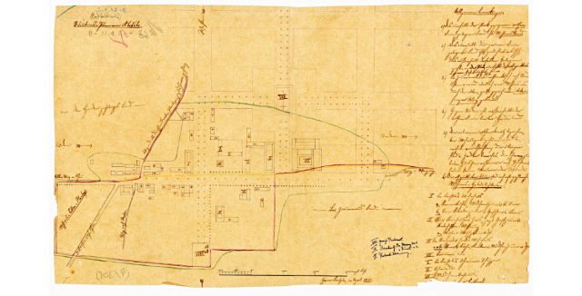 ein historischen Stadtplan mit unleserlicher Handschrift auf gelblichem Papier