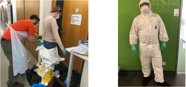 Bild Links: Angehöriger des Zivilschutz hilft der medizinischen Fachperson beim Anziehen der Schutzkleidung. Bild Rechts: So betritt die medizinische Fachperson eine Wohnung.