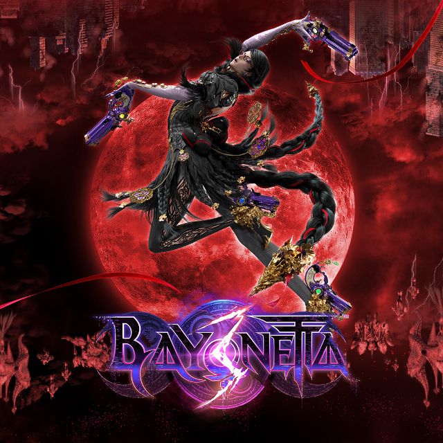 gamecover von bayonetta 3 zeigt eine spielfigur vor rotem  mond.