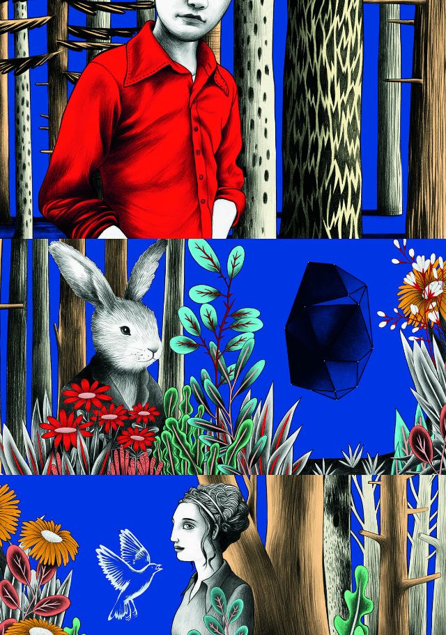 Auf dem Triptychon sind Bäume, Pflanzen, zwei Frauen und ein Hase abgebildet.