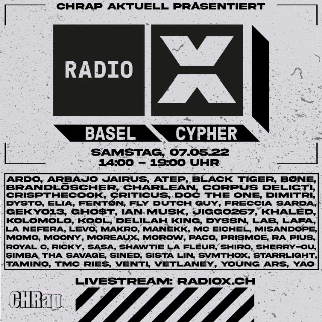 ein Flyer der Basel Hip Hop Cypher in schwarz weiss mit dem Radio X Logo und Datum und Namen der Rapper:innen