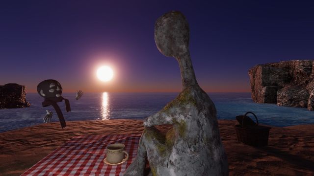 Eine alienähnliche Gestalt sitzt auf einer Picnicdecke und schaut dem Sonnenuntergang zu.