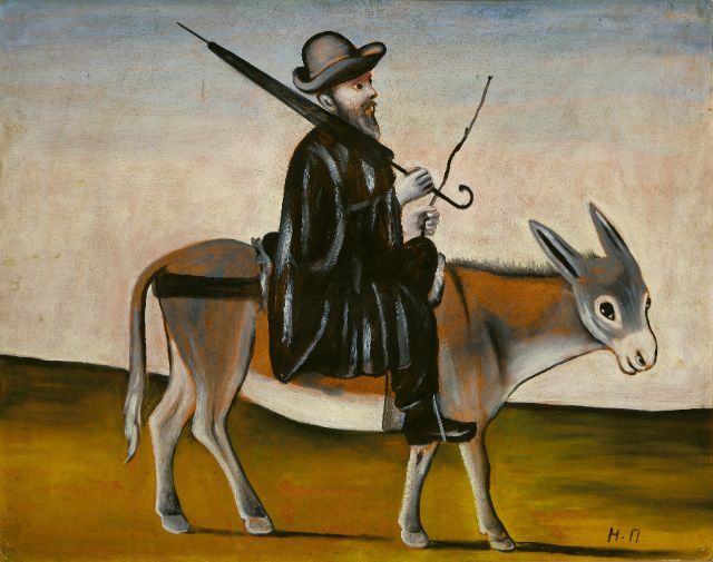 Ein Gemälde einer in schwarz gekleideten Figur auf einem Esel-ähnlichen Tier