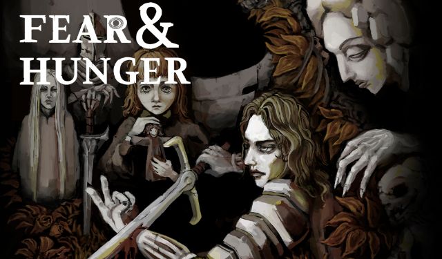 Titelbild von Fear & Hunger: es zeigt verschiedene Charaktere, die von der Dunkelheit umschlungen sind.