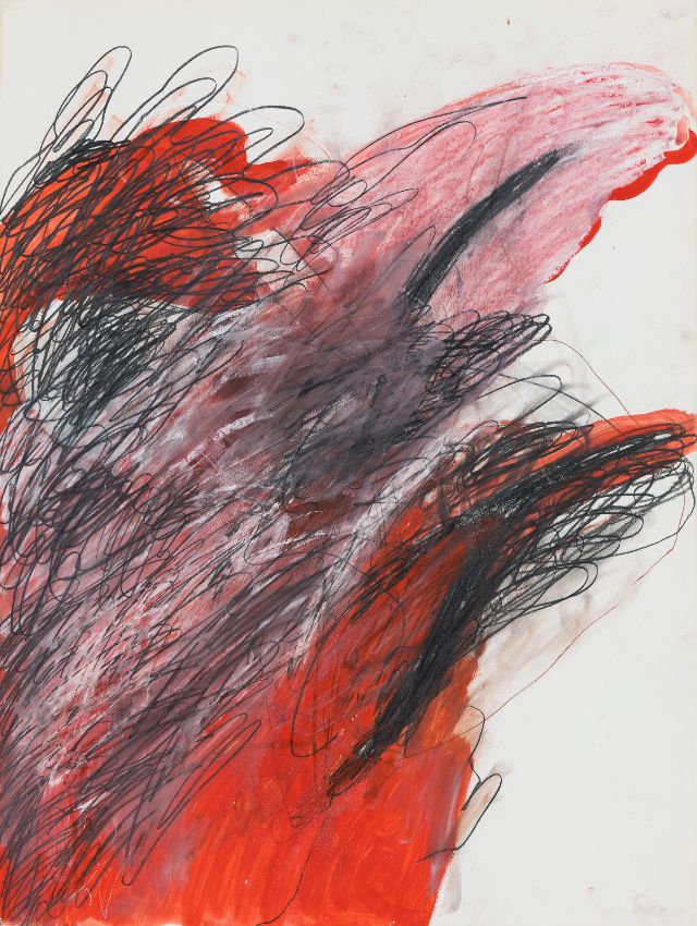 Werk von Marianne Eigenheer, rote Formen werden von schnellen schwarzen und weissen Linien überkreuzt.