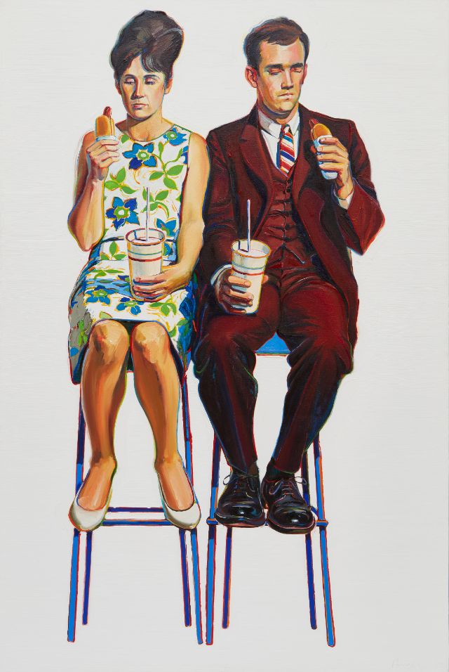 Ein Gemälde von einem Mann und einer Frau, die auf zwei Barstühlen sitzen und ein Softdrink und ein Eis in der Hand haben.
