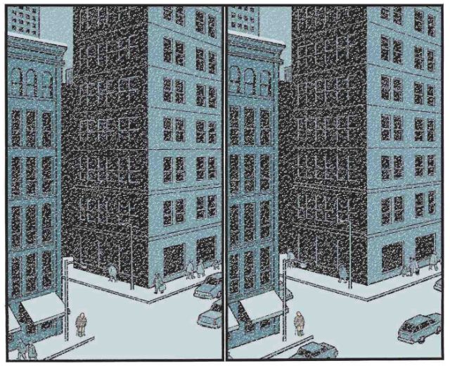 Zwei Comicpanels zeigen eine Strassenecke von zwei Hochhäusern im Winter.