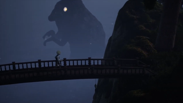 Olle läuft in der Nacht über eine Brücke, im Hintergrund ist der Umriss eines Monsters mit leuchtenden Augen.