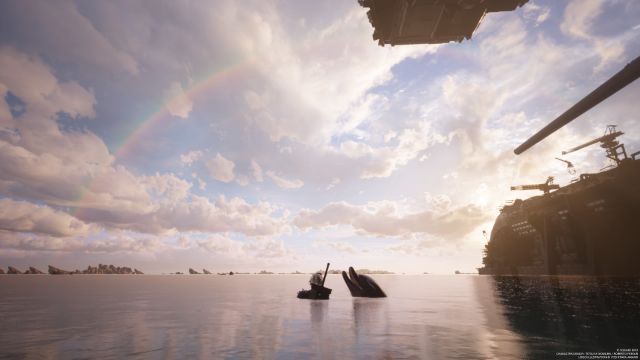 Eine Computerwelt zeigt Himmel, Meer und einen Delpfin mit einer Figur zusammen aus dem Wasser schauen