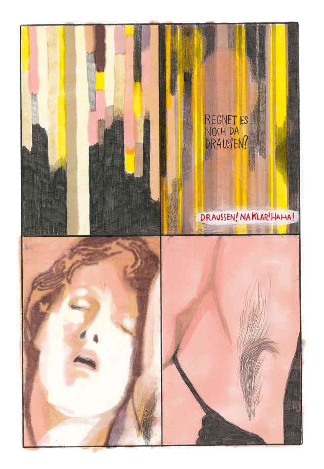 Man drei Panels. Ein stilisierter Umriss in rosa und gelben Farben, dann das Gesicht einer Frau mit einem geniessenden Ausdruck. Das letzte Panel zeigt ihre behaarte Achselhöhle.