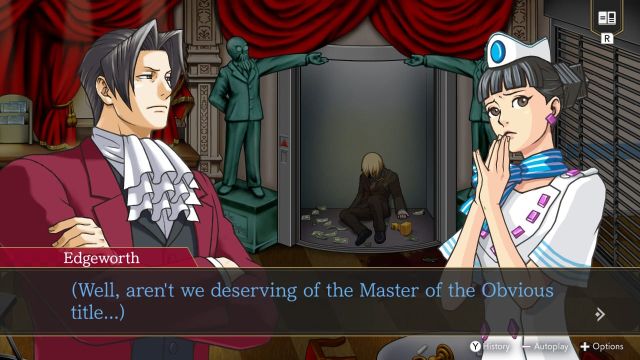 Edgeworth unterhält sich mit einer Zeugin.