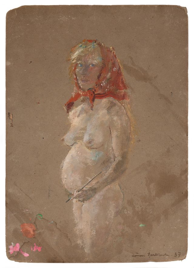 ein gemaltes portrait einer nackten, schwangeren frau mit pinsel