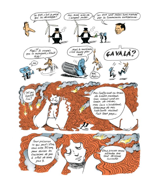 Eine illustrierte Comicseite mit mehreren Panels zum Thema Energiepolitik und Klimakrise. Oben diskutieren karikierte Figuren über erneuerbare Energien, öffentliche Gelder, Monopole und Atomkraft, begleitet von Windrädern und symbolischen Darstellungen von Macht und Einfluss. In der Mitte und unten ist eine große, weiblich dargestellte Figur mit langem, orangefarbenem Haar zu sehen, die sinnbildlich für die Erde oder die Natur steht; ihr Haar brennt und raucht, Wälder und Landschaften scheinen in Flammen zu stehen. Sprechblasen thematisieren brennende Wälder, sterbende Korallen, austrocknende Seen, Klimaflüchtlinge sowie die Dringlichkeit, Treibhausgasemissionen deutlich zu reduzieren.