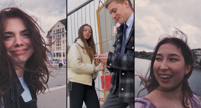 Ein dreifacher Splitscreen. Links grinst Momo zur Kamera, rote lange Haare, Nasenring. In der Mitte lehnt sich Ben an mit einer Zigarette, er ist im Anzug, dahinter ist seine Freundin Jay. Rechts lächelt Zoe, der Wind verweht ihre dunklen Haare, hinter ihr Wasser.