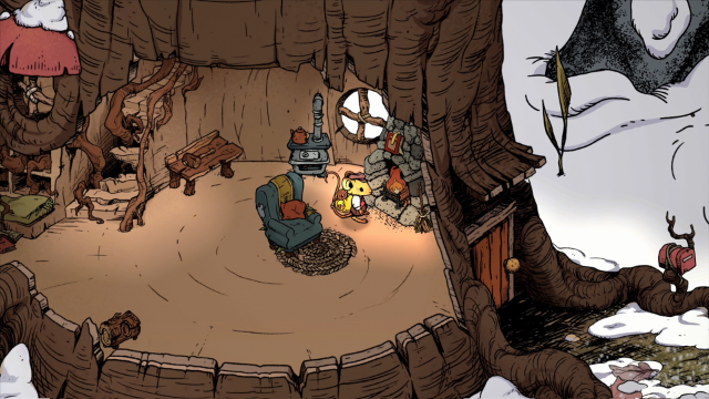 Die Maus in ihrem Baumstumpf, vor ihr ein brennender Kamin, daneben ein Sessel und ein Ofen.