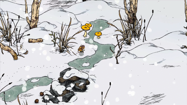 Die Maus ist umgeben von Schnee, Bäumen, Pilzen, Vor ihr ein gefrorener Bach.