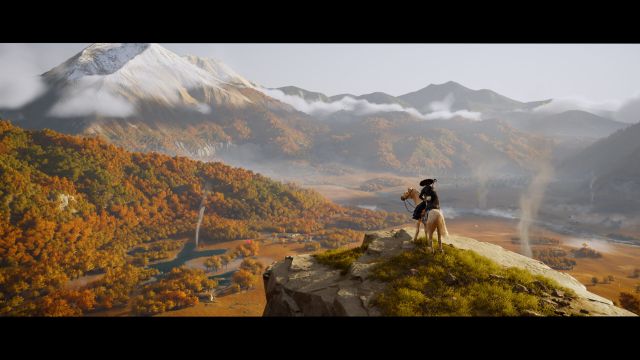 Ein Screenshot, man sieht Berg, Wald, und eine Frau auf einem Pferd