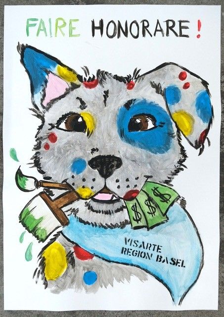 ein gemaltes poster eines hundes mit pinsel in der schnauze