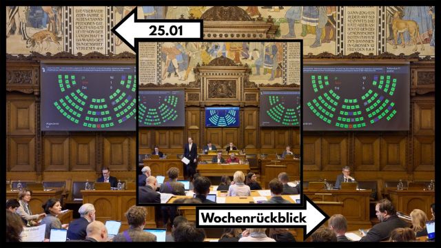 Blick in einen historischen Parlaments- oder Ratssaal mit Holzvertäfelung und Wandmalereien. Mehrere große Bildschirme zeigen das Ergebnis einer Abstimmung mit vielen grünen Stimmen („Ja“), während Abgeordnete an ihren Plätzen sitzen. Pfeile mit den Beschriftungen „25.01“ und „Wochenrückblick“ heben Details im Bild hervor.