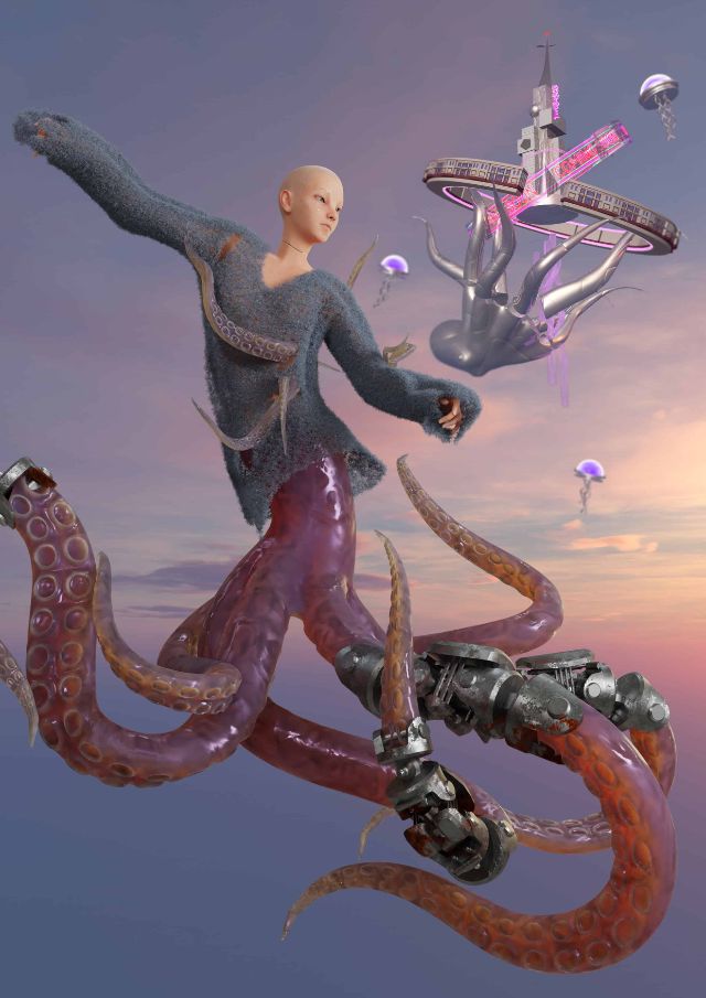 Digitaler Avatar Oz schwebt in der Luft. Seine untere Hälfte sind Oktopus-Tentakel, der Oberkörper ist menschlich.
