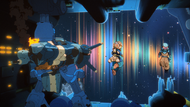 Ein Screenshot aus dem Game zeigt zwei Astronaut:innen in einem Farbfeld
