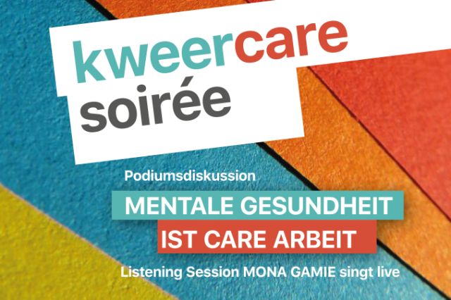 Ein Flyer zum kweercare soirée. Im Hintergrund sind streifen in gelb, türkis, orange und rot. 