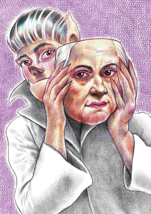Eine Kugelschreiberzeichnung. Eine Frau nimmt eine Maske ab, die aussieht wie ein menschliches Gesicht. Darunter ist ein kreaturenhaftes Gesicht, mit Fangzähnen und einer Monobraue.