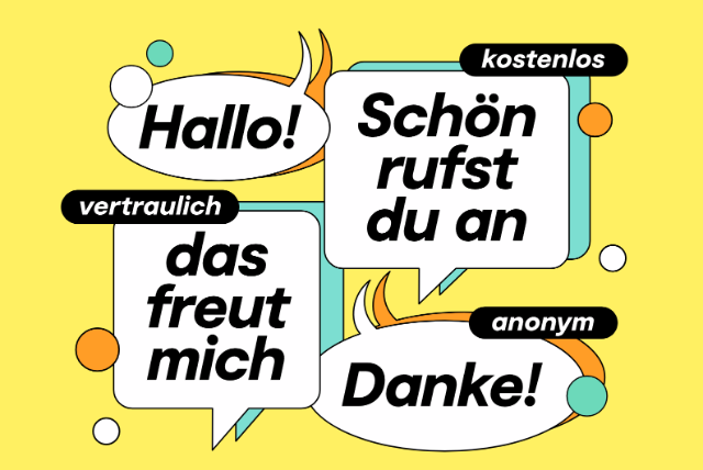 Das Bild zeigt weisse Sprechblasen auf gelbem Hintergrund mit dem Inhalt "Hallo!", "Schön rufst du an", "das freut mich", "Danke!"