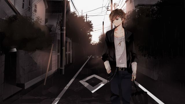 Anime Bild auf dem ein junger Mann in Tshirt und schwarzer Jacke auf einer Strasse in Abendstimmung