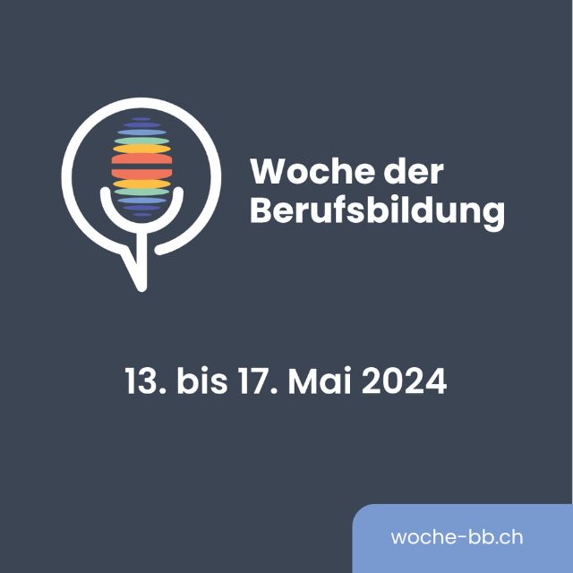 Weisser Text auf graublauem Hintergrund: Woche der Berufsbildung vom 13. bis 17. Mai 2024