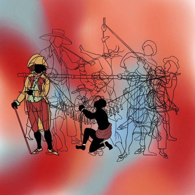 Illustration in rot-blauen Tönen, im Vordergrund ein angeketteter Sklave, links ein Kolonialherr 