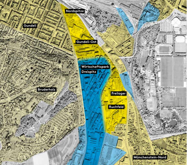Ein farbiger Kartenausschnitt des Dreispitzareals